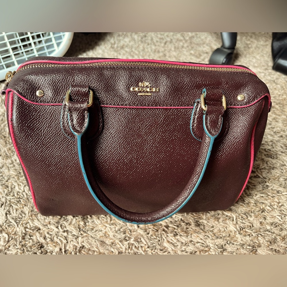 Coach Mini Brown/Burgundy Leather Handbag with Pink Trim
